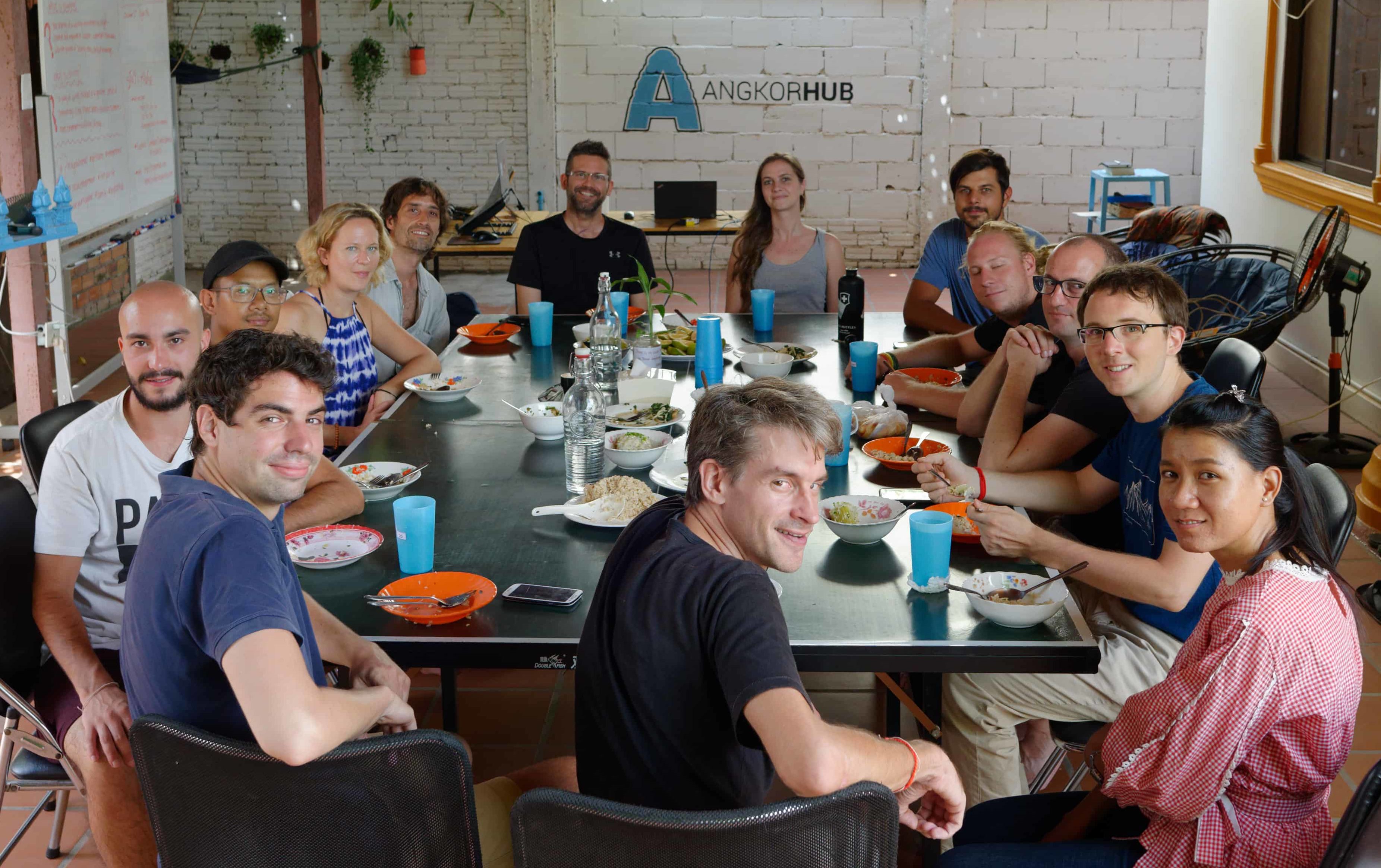 Digital Nomads and expats having vegetarian lunch at AngkorHUB, Siem Reap Cambodia